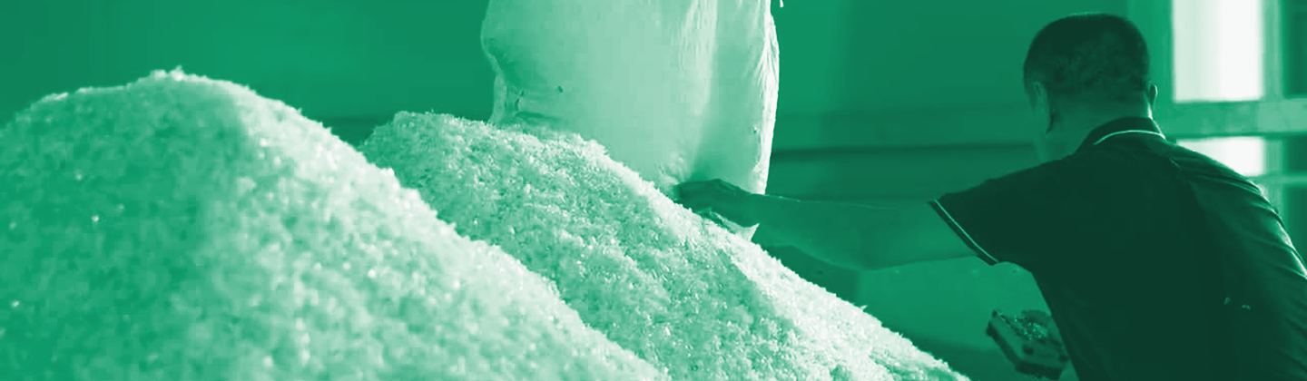 Resina de PET reciclado limpa na saída do processo, duotom verde