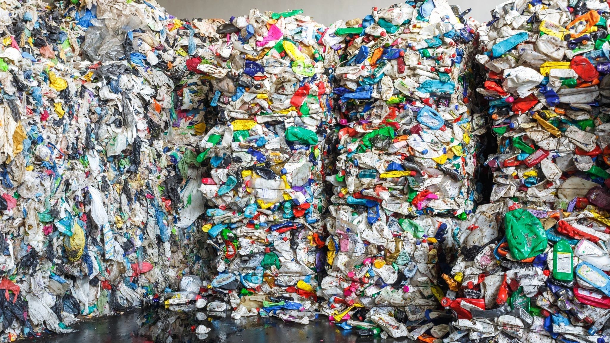 Fardos de plásticos posconsumo mezclados apilados dentro de una planta de reciclaje
