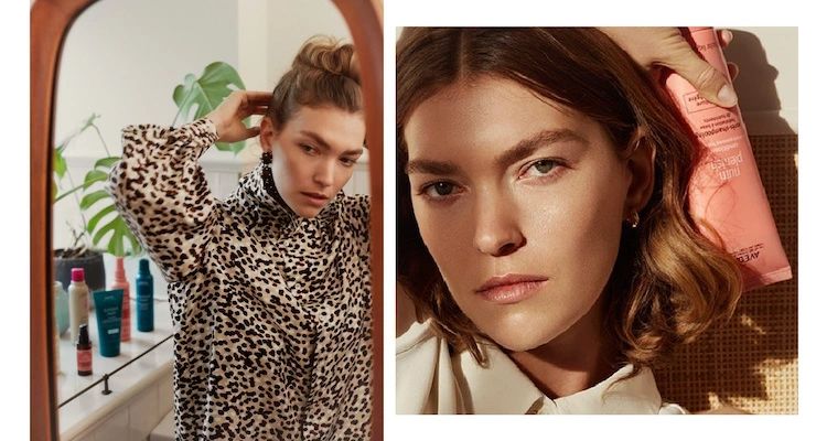 Editorial beauty photographs of two models alongside hair-care products