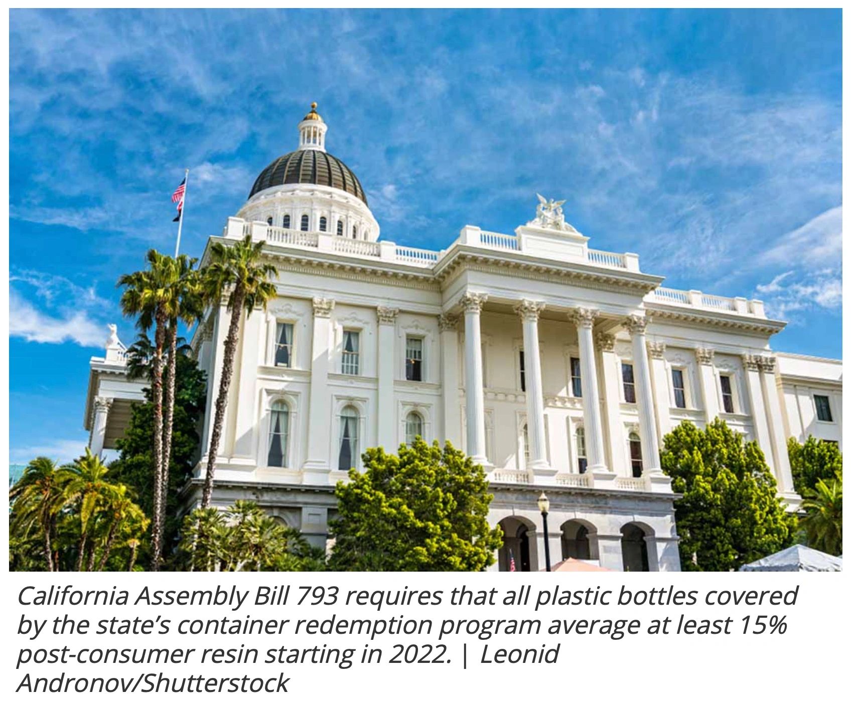 California State Capitol in Sacramento; the original caption notes AB 793 requires at least 15% post-consumer resin in covered bottles from 2022